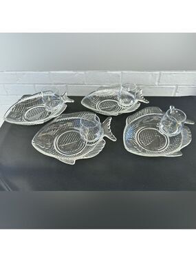 Vintage Glass Fish-Shaped Lunch Plates Set of 4 with 4 cups for your condiments.